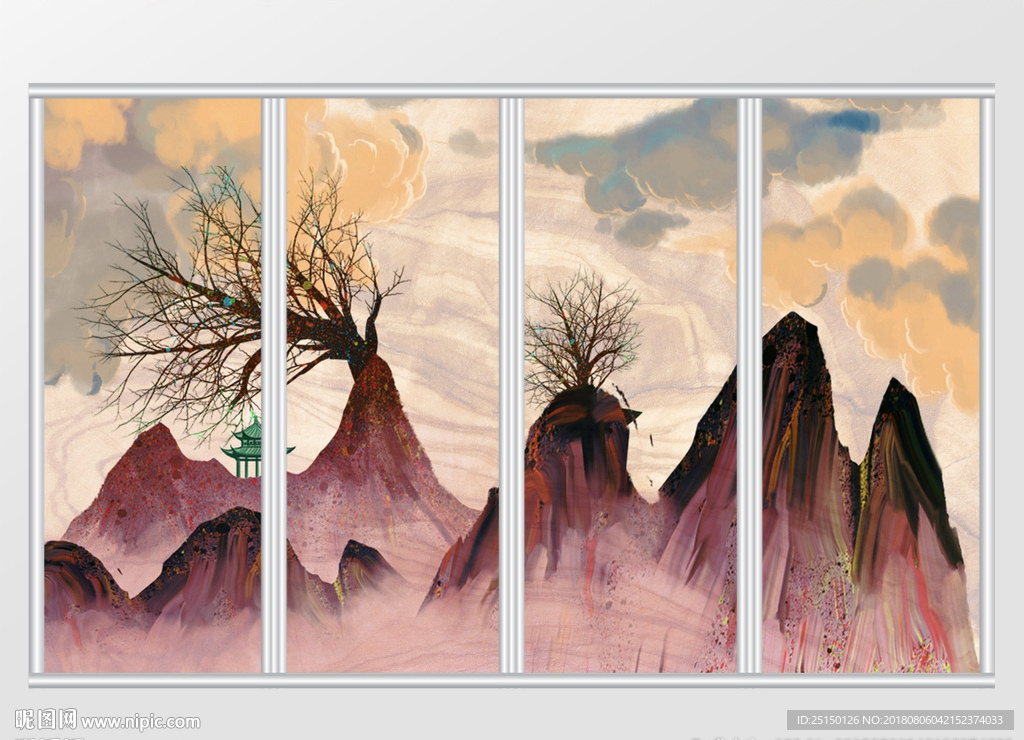 新中式笔触感山水风景移门