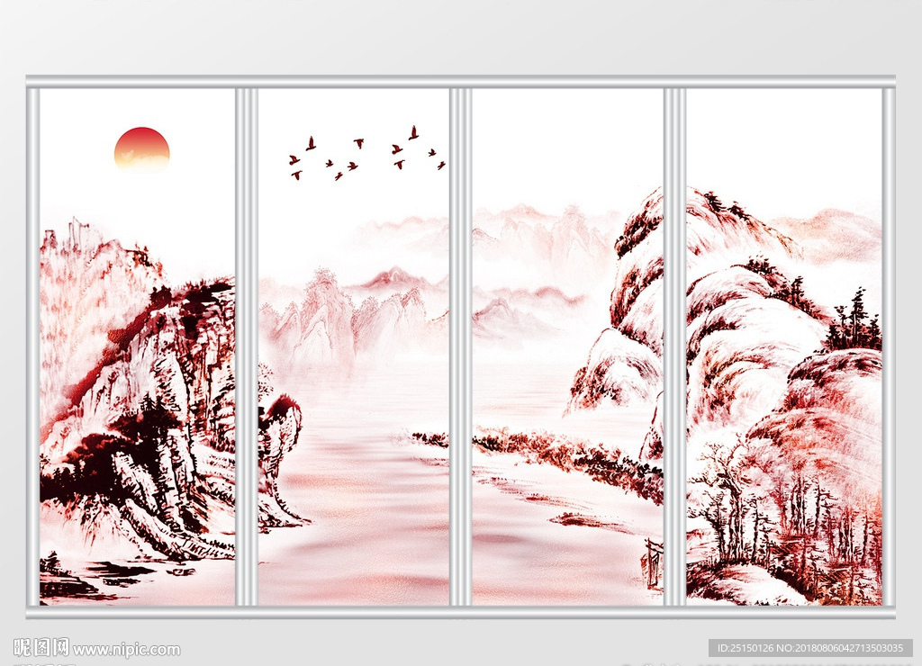 新中式风景山水画移门