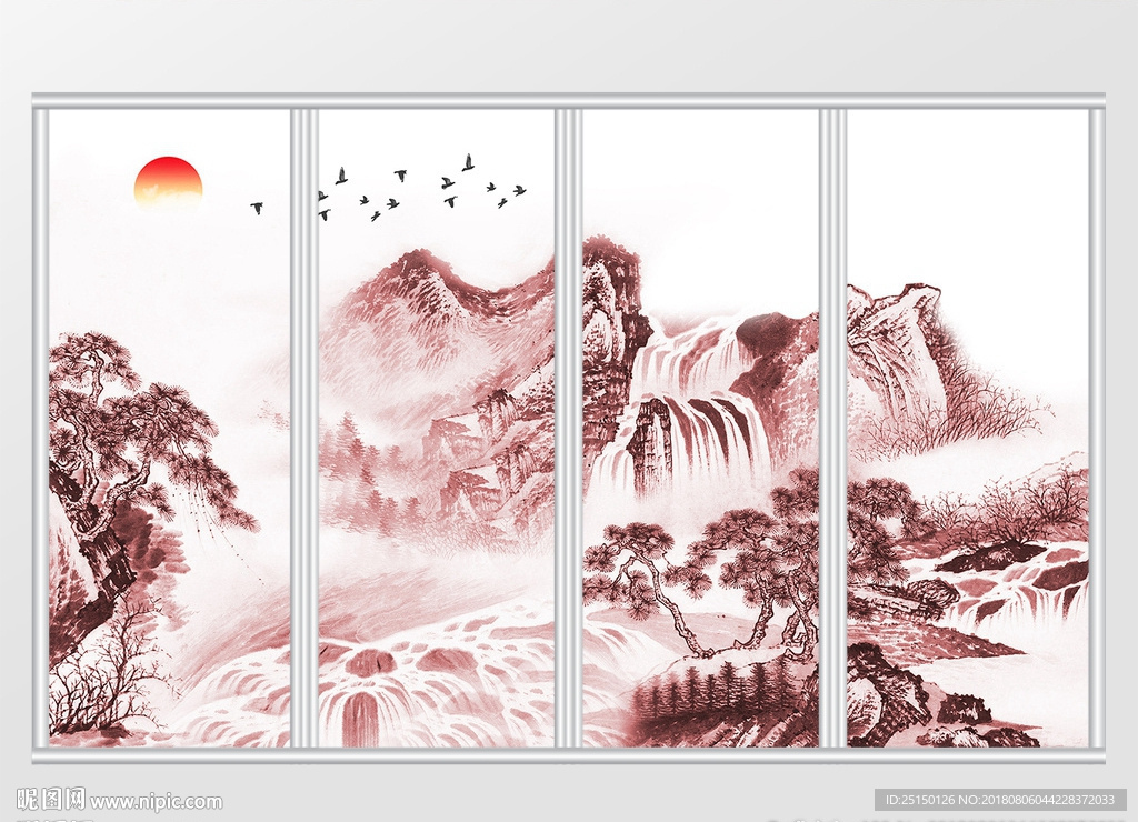 新中式山水飞鸟旭日移门