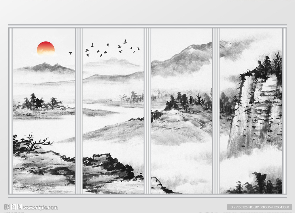 新中式山水水墨画飞鸟风景移门
