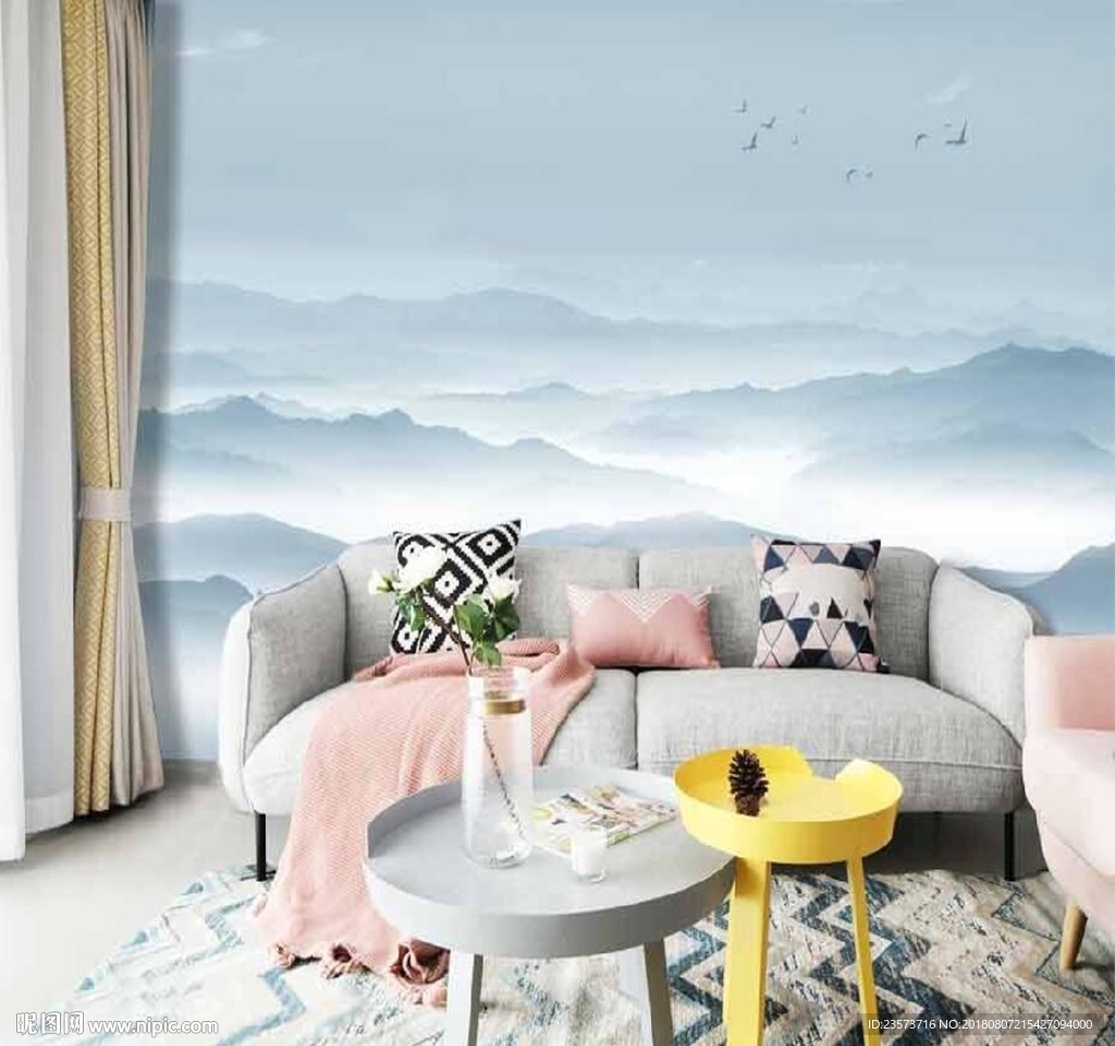 新中式山水画电视沙发背景墙