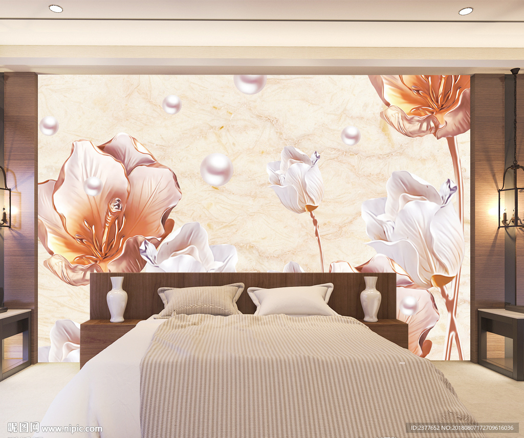 白色玫瑰中式浮雕3D电视背景墙