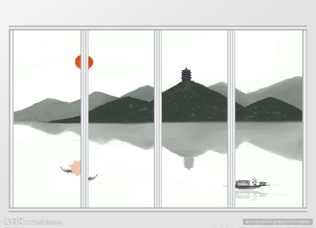 水墨意境手绘山水移门