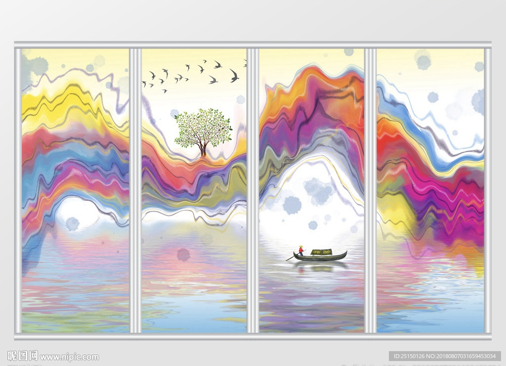 新中式彩色抽象山水画移门