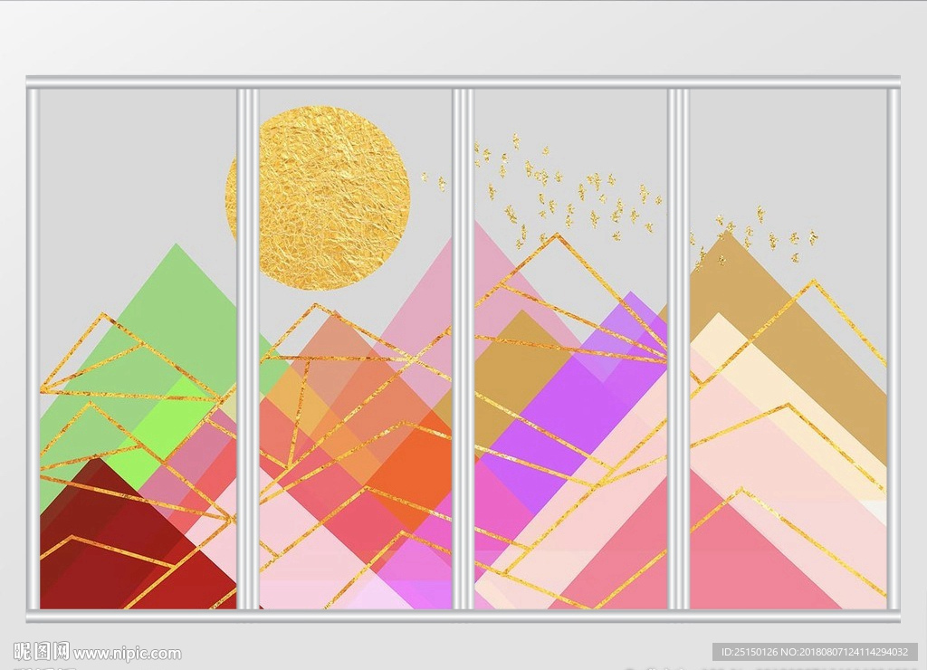 现代金色抽象几何风景移门