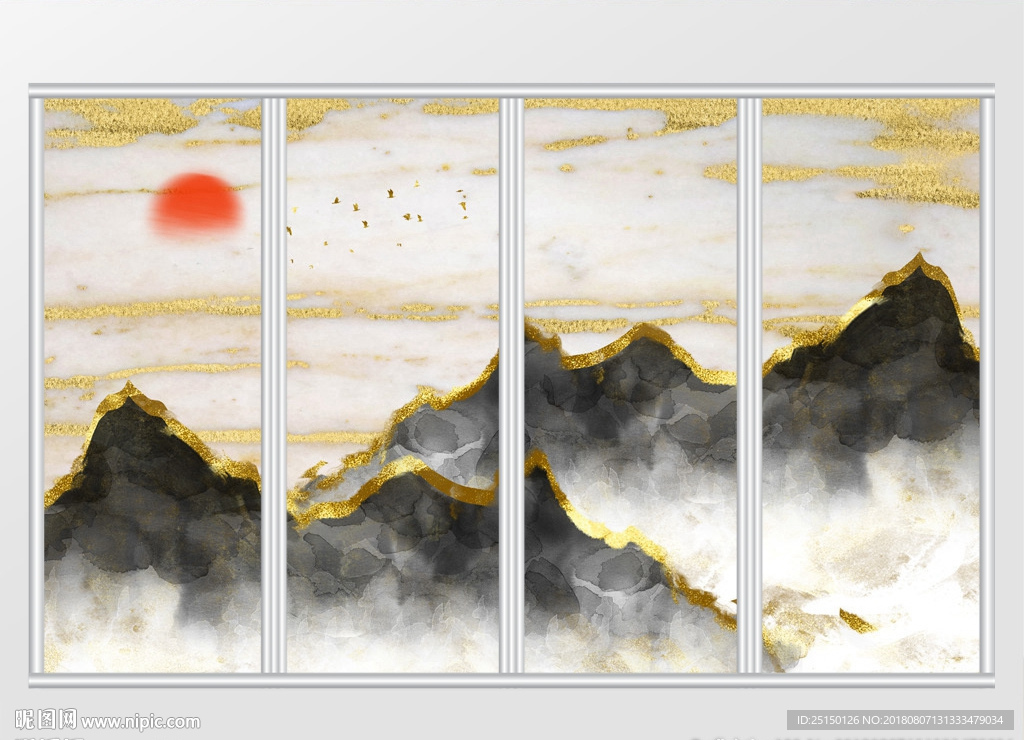 金色山峦飞鸟移门