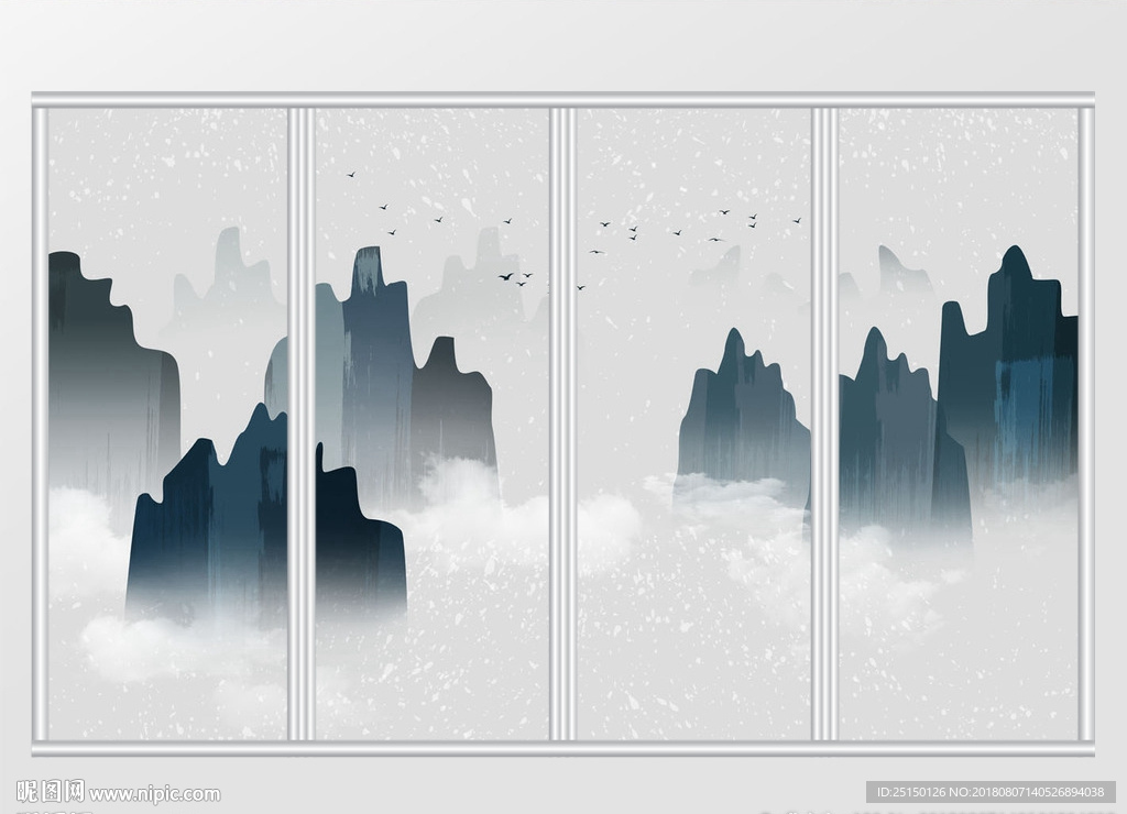 新中式简约大气意境山水画移门