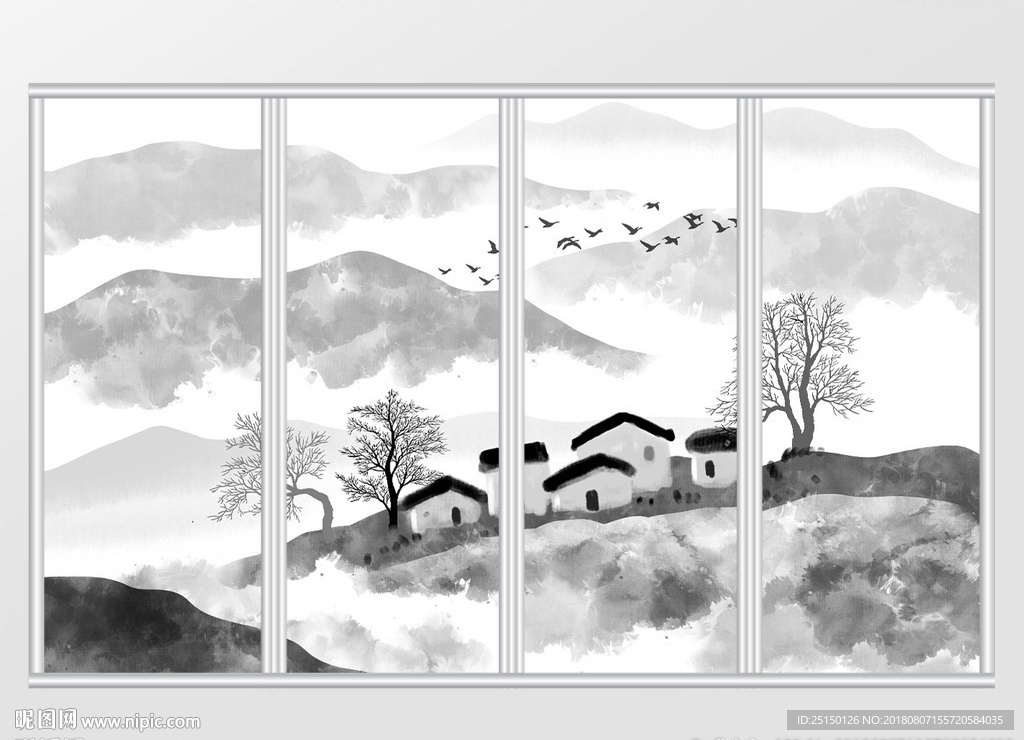 新中式手绘水墨山水风景画移门