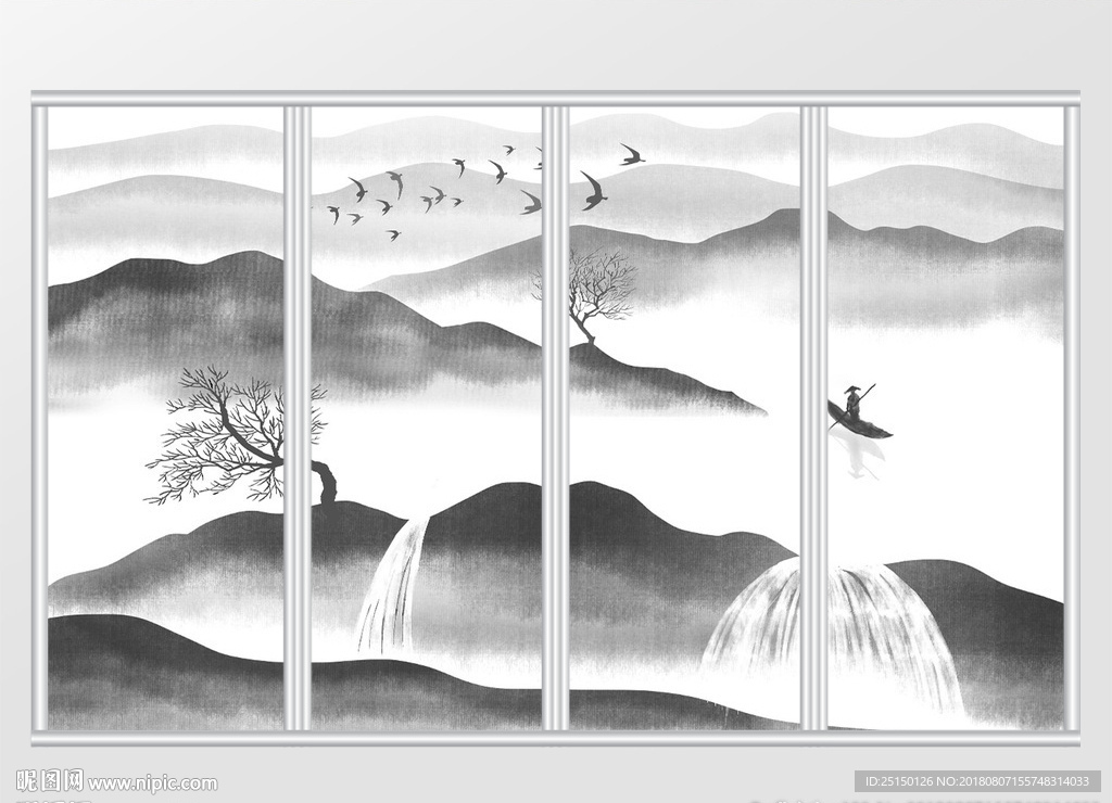 新中式手绘写意黑白山水画移门