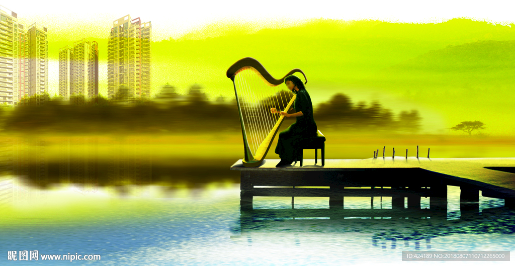 房地产江景住宅弹古筝女人