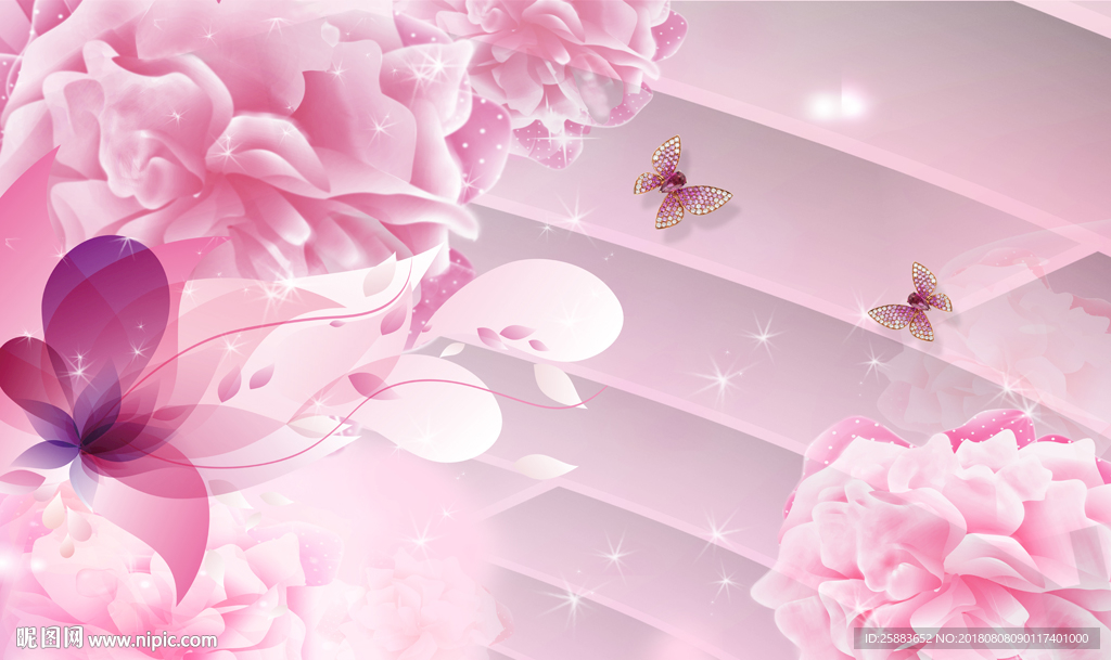 温馨蝶恋花3D电视背景墙