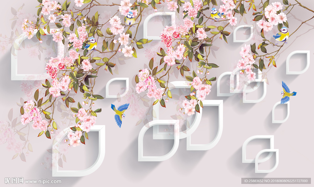 时尚花鸟3D电视背景墙