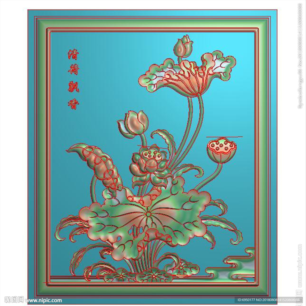 清荷飘香荷花背板精雕浮雕灰度