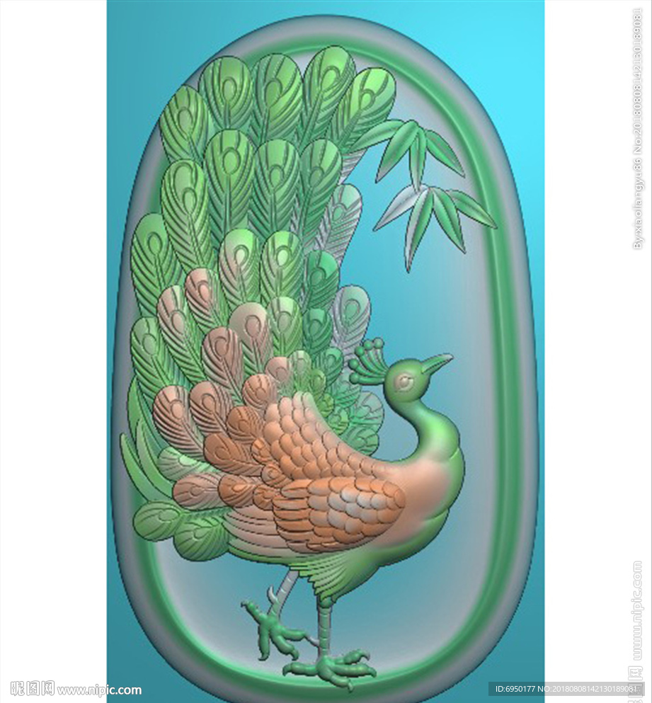 椭圆孔雀凤凰46牌精雕浮雕灰度