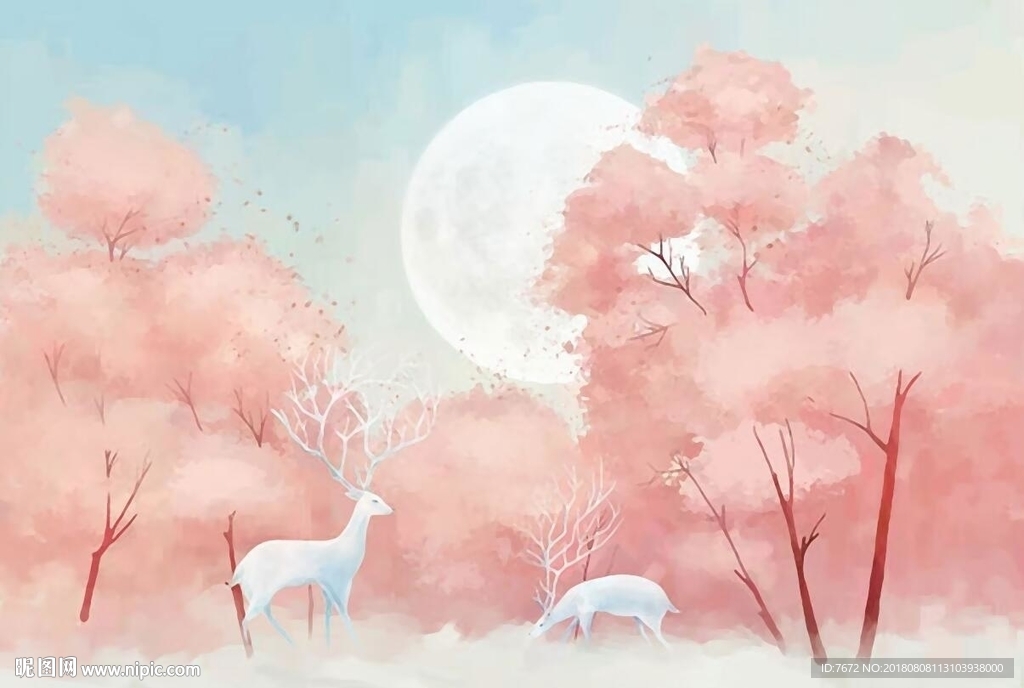 北欧文艺少女心粉色麋鹿墙纸背景