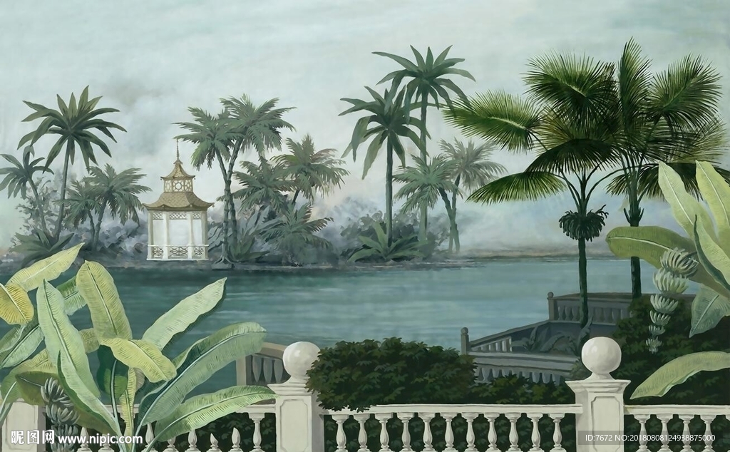 中世纪椰树景色背景墙