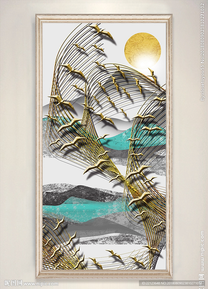 中国风淡彩风景金色线条装饰画