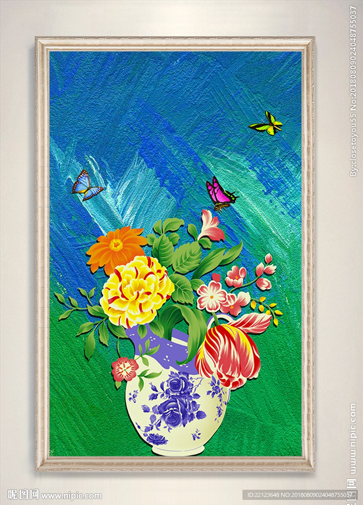 简欧水彩插画花瓶蝴蝶装饰画