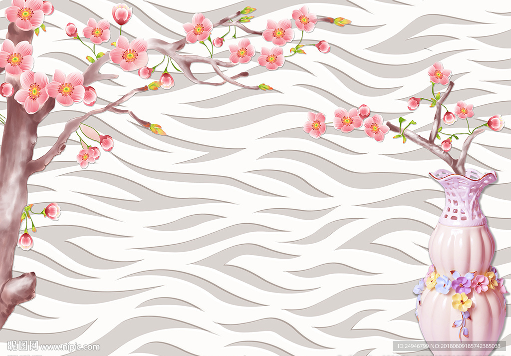 时尚3D立体桃花影视背景墙