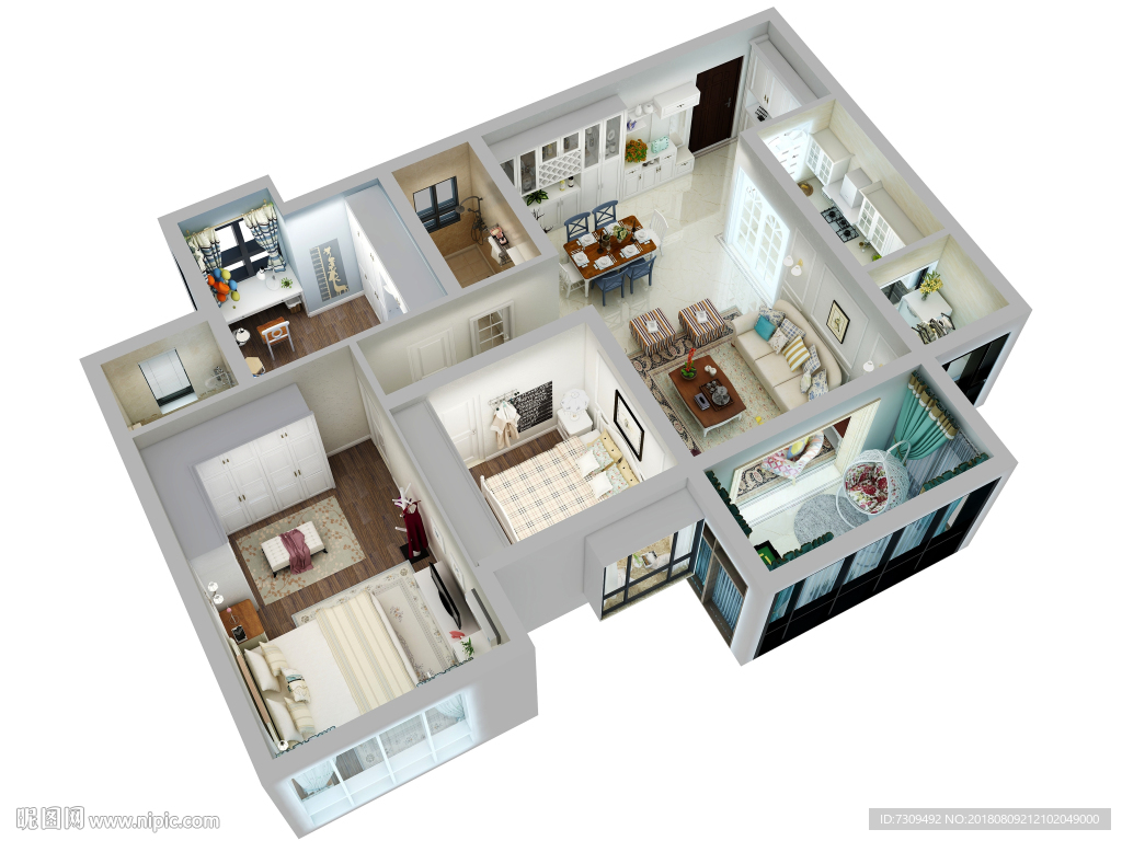 美式田园风格装修户型效果图