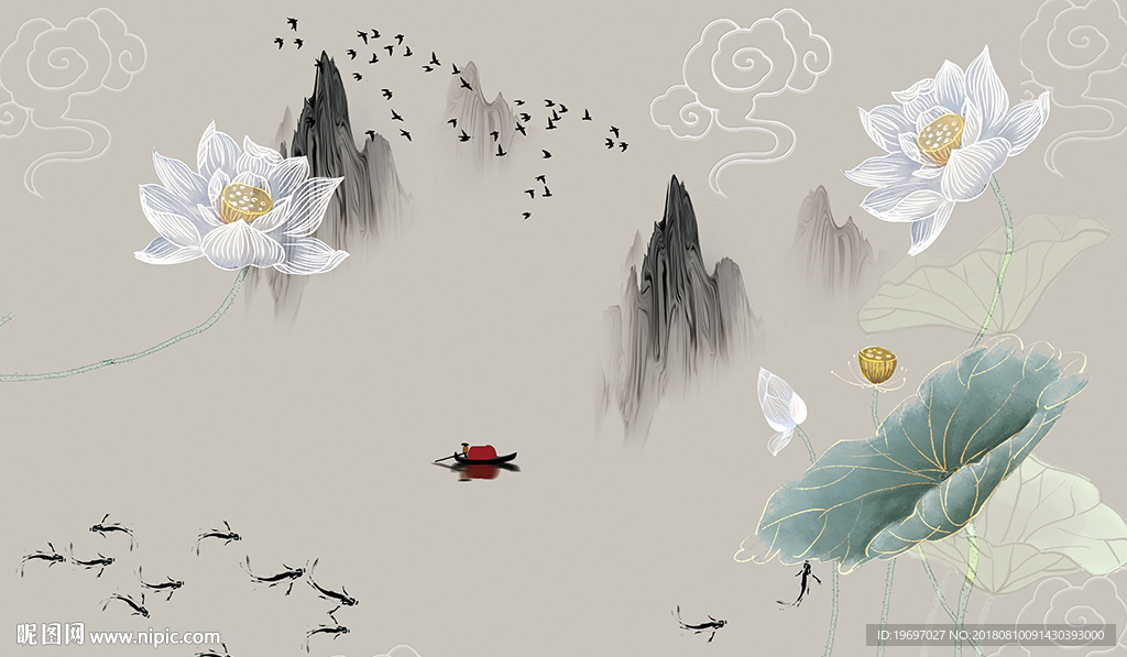 新中式水墨荷花鱼电视背景墙