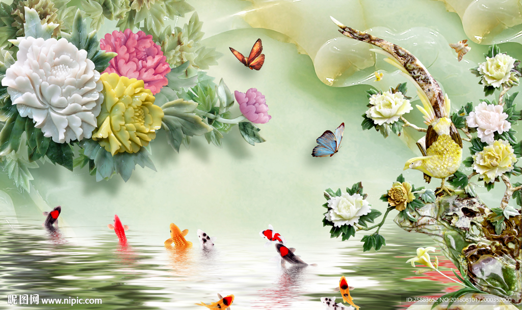 牡丹花鸟鱼玉雕电视背景墙