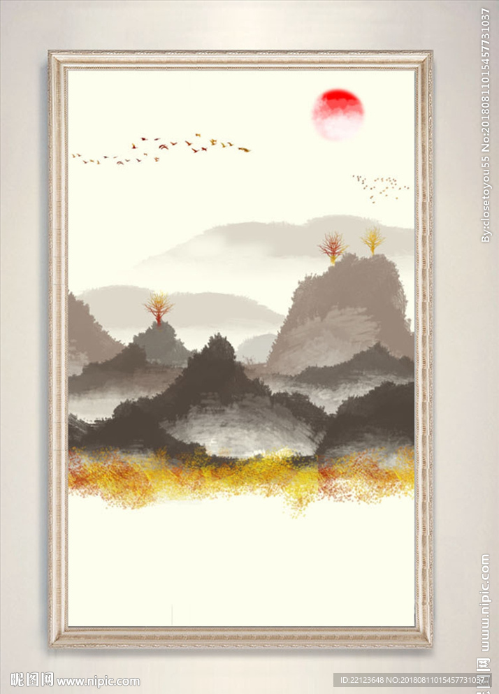 新中式金箔手绘水墨山水装饰画