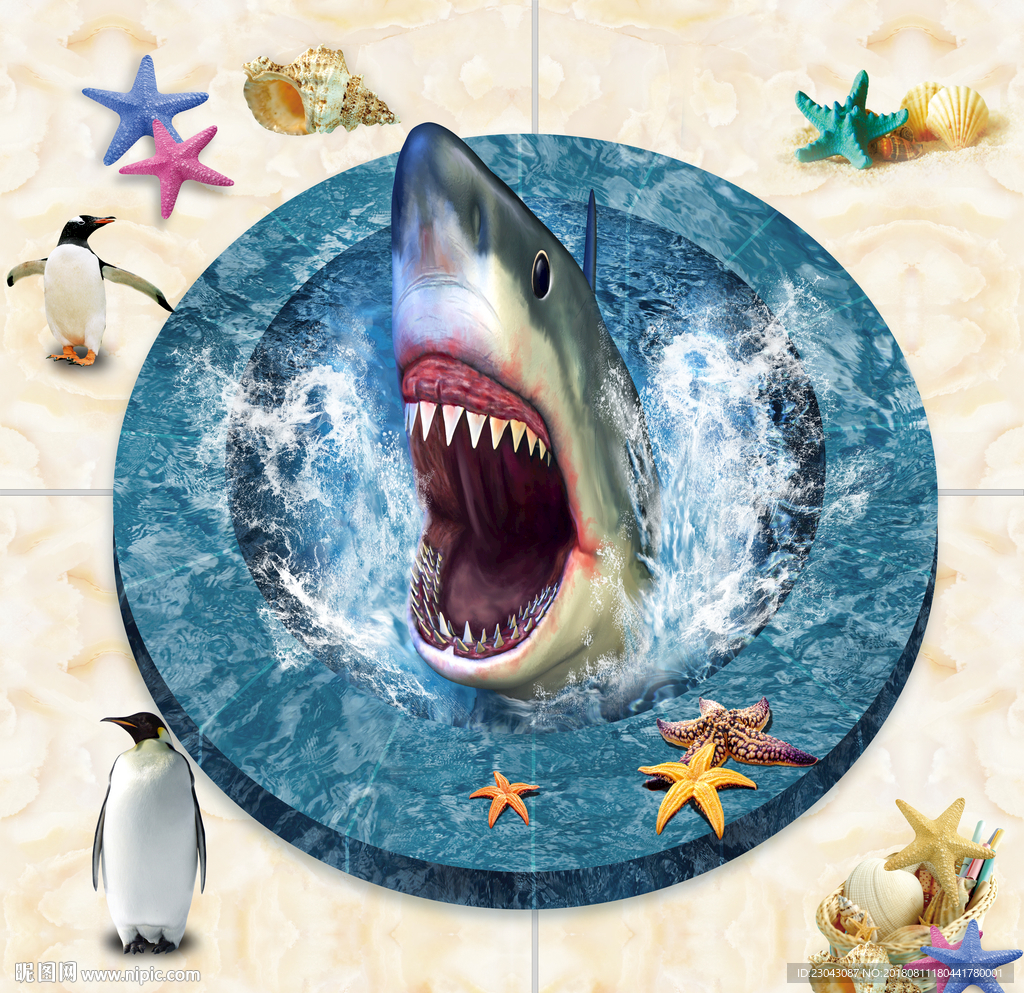海洋世界鲨鱼3D立体画地板画瓷