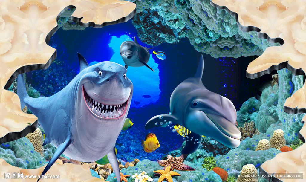 海底世界溶洞热带鱼3D地板地画