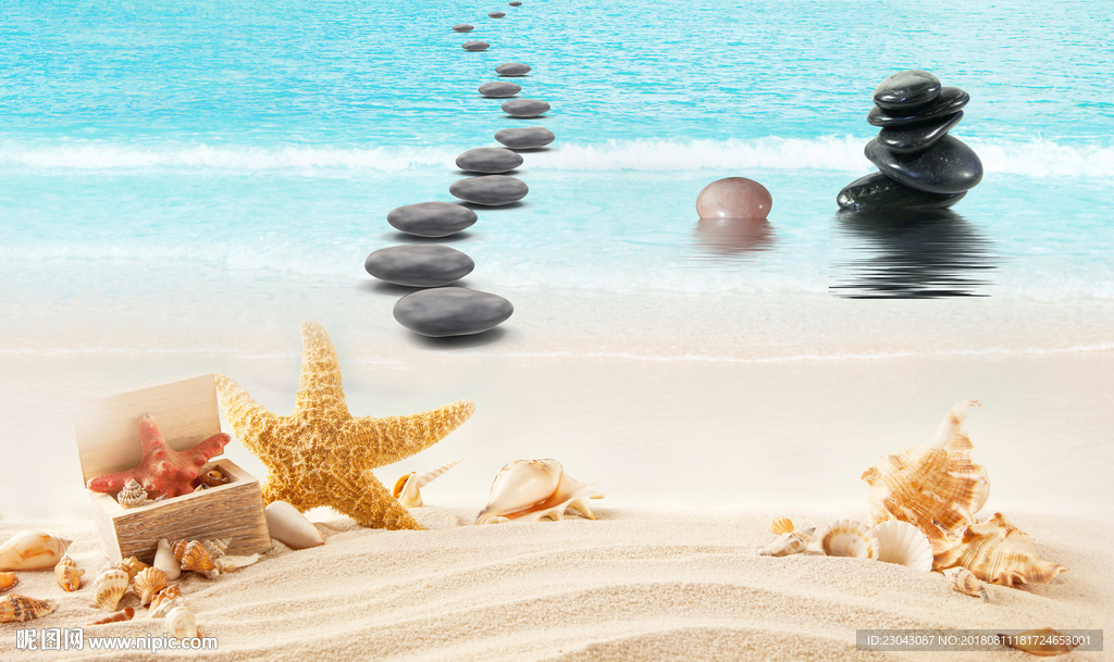 海滩沙滩贝壳海星3D地画