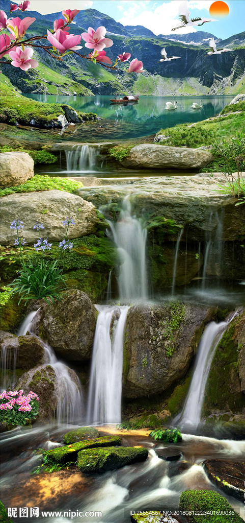 绿色自然瀑布玄关背景墙