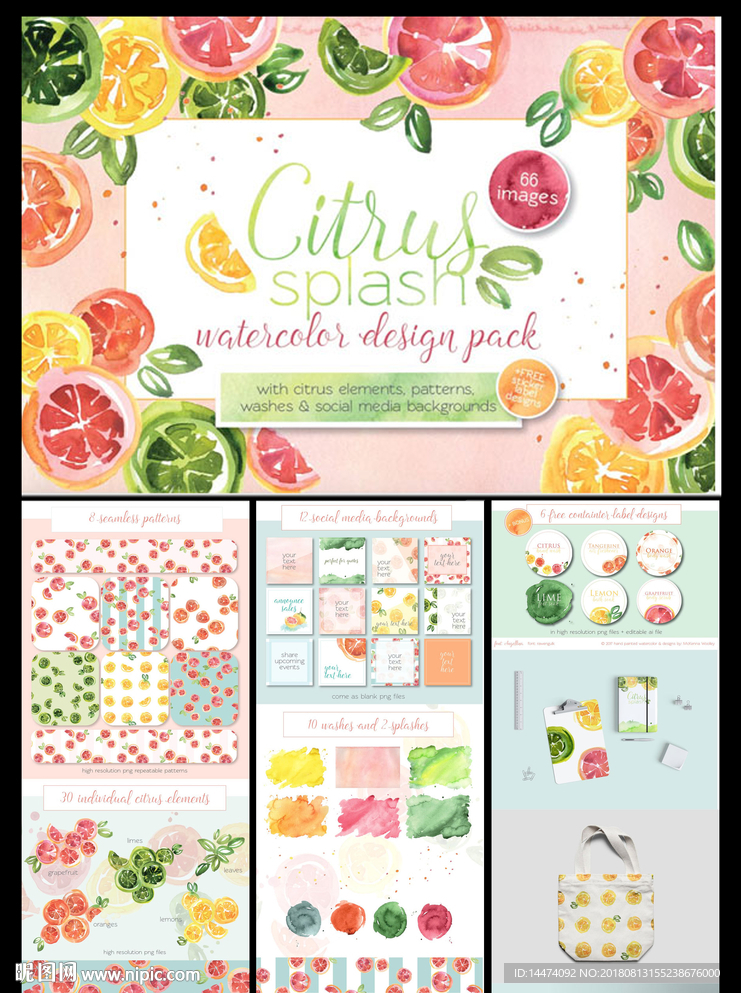 手绘水彩柑橘图案