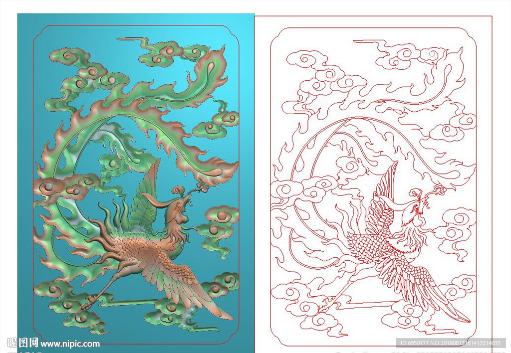 凤凰祥云书柜背板精雕浮雕灰度