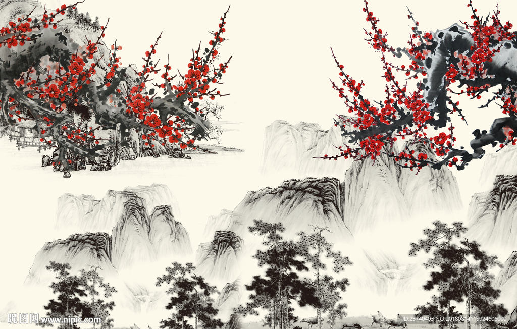 国画梅花背景墙