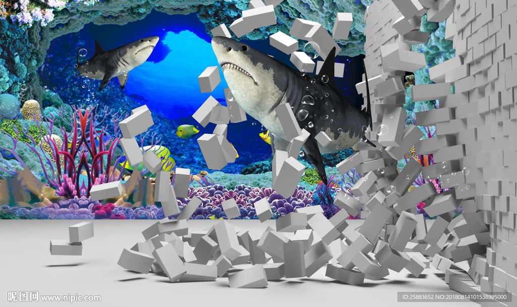 时尚鲨鱼破墙画中画3D电视背景