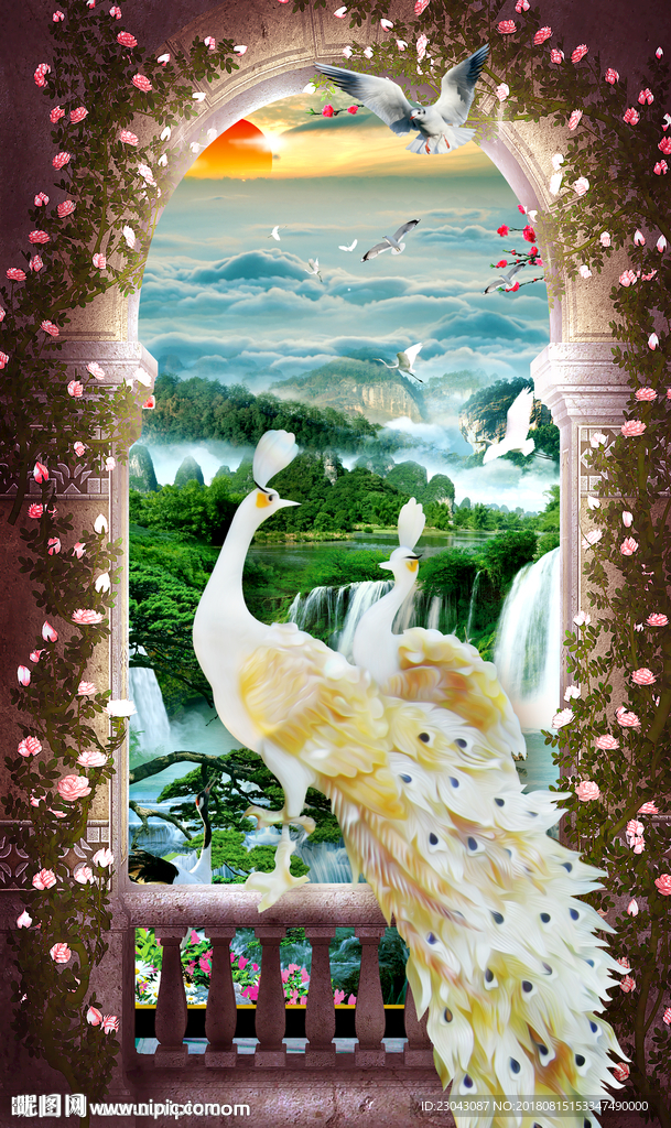 孔雀玉雕背景玄关