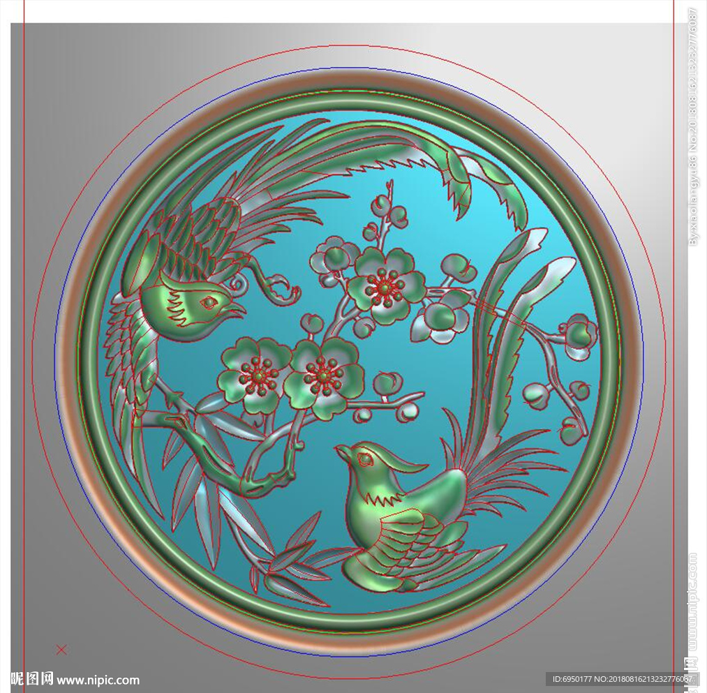 圆形梅花鸟喜鹊后背精雕浮雕灰度