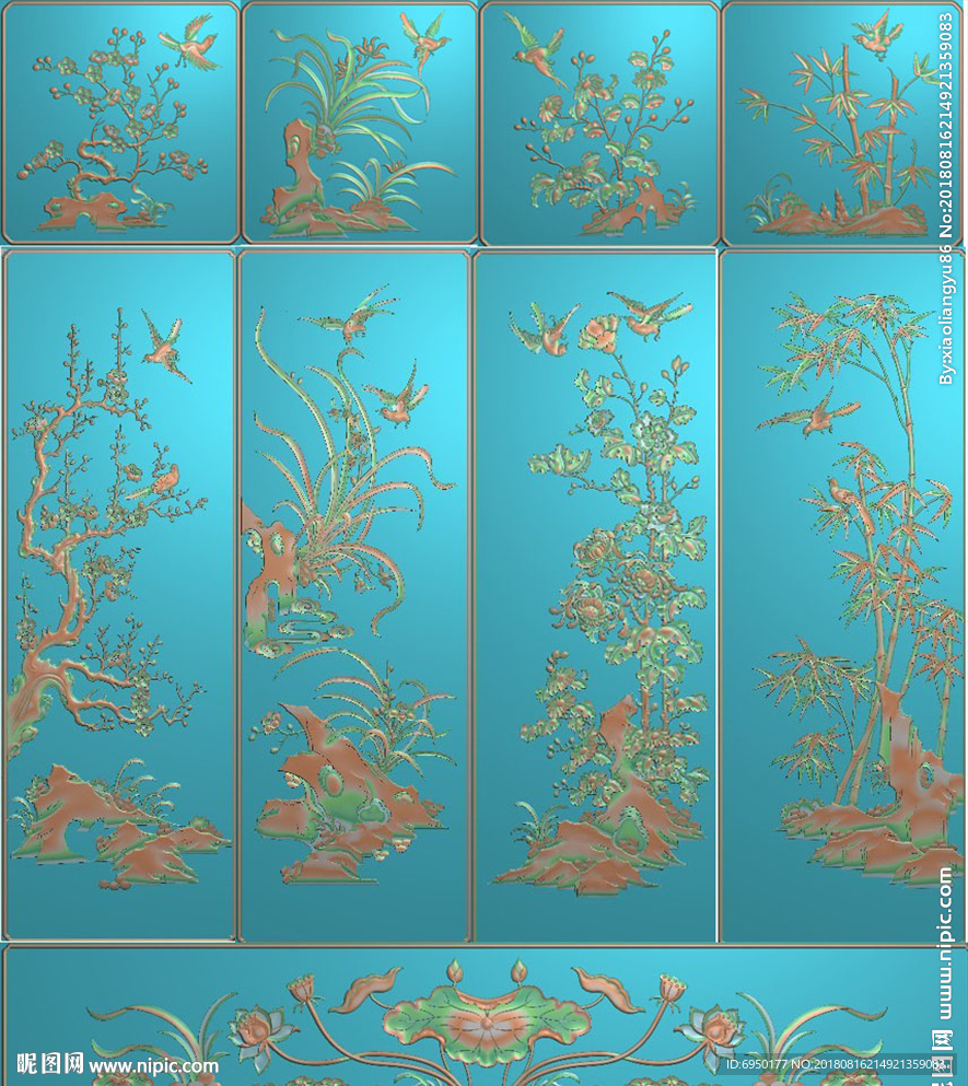 梅兰竹菊花鸟顶箱柜精雕浮雕灰度