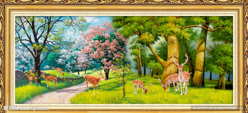 油画风景 鹿