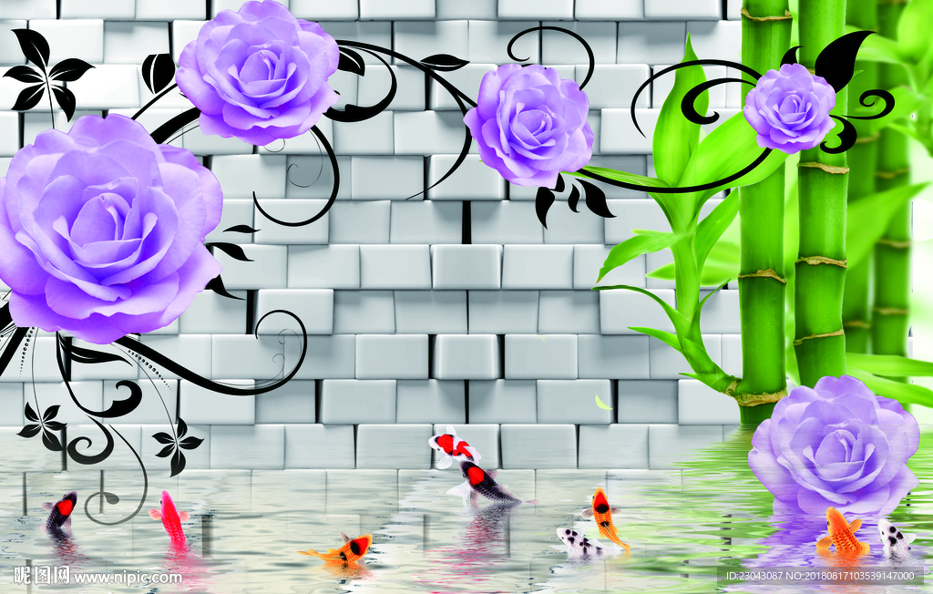 九鱼戏水砖墙背景墙