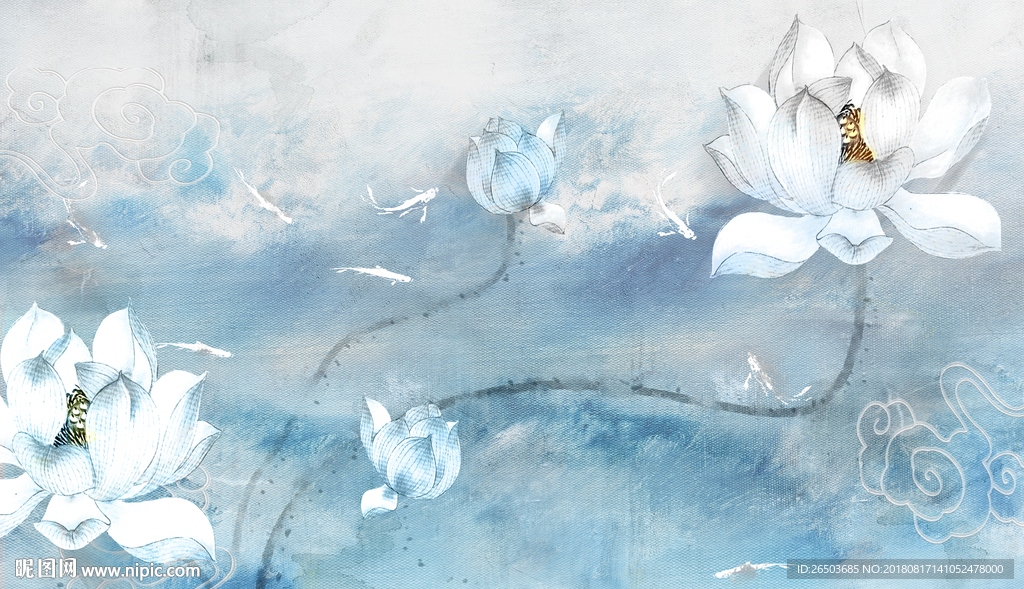 手绘荷花背景墙