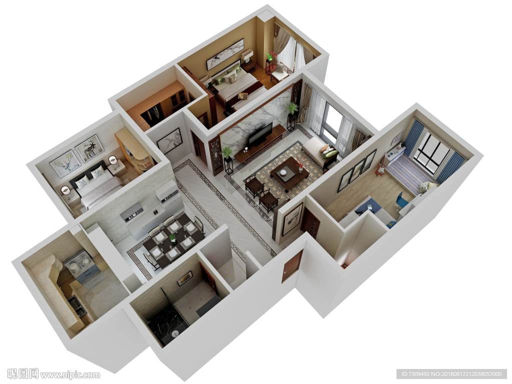 新中式混搭风格家居户型效果图