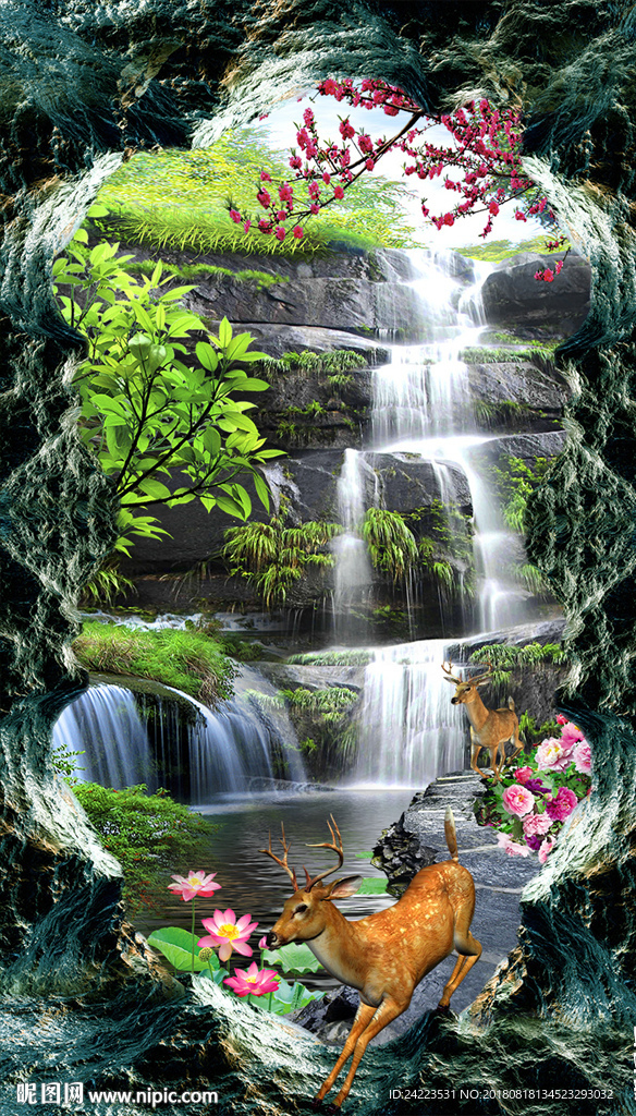 玄关山水小鹿3d风景画背景墙