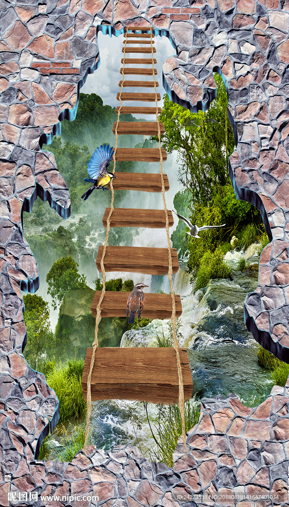 3d风景玄关吊桥桥流水生财背景