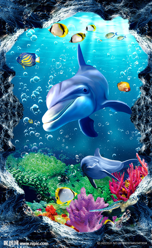 3d玄关海底世界海洋海豚背景墙