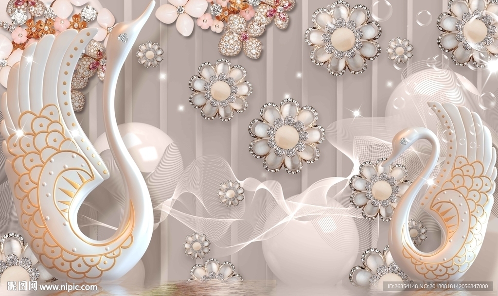 3D珠宝天鹅背景墙