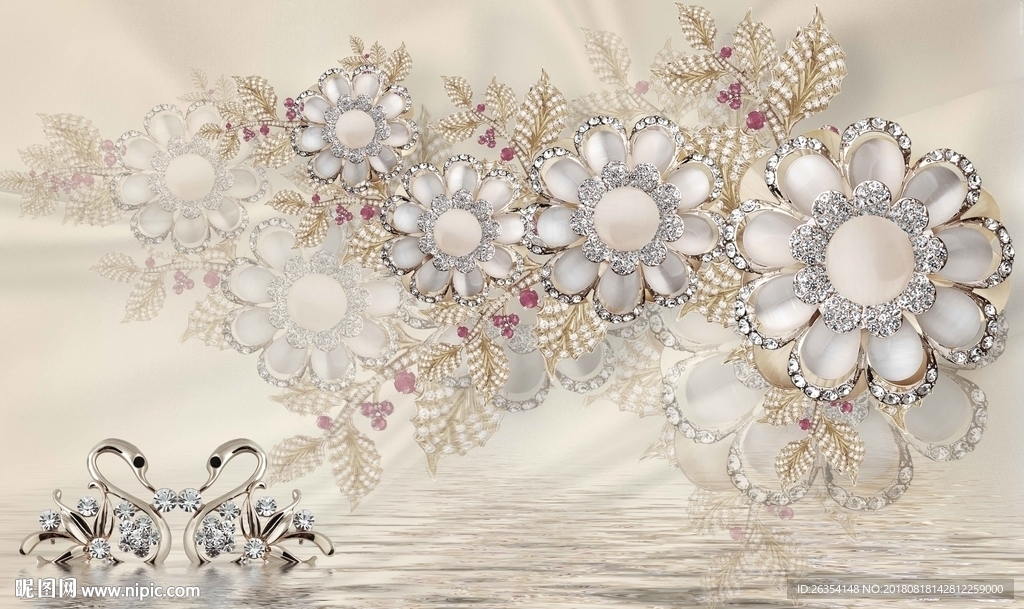 3D珠宝天鹅花卉背景墙