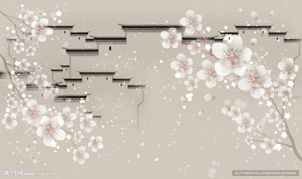 新中式小城江南花朵背景图