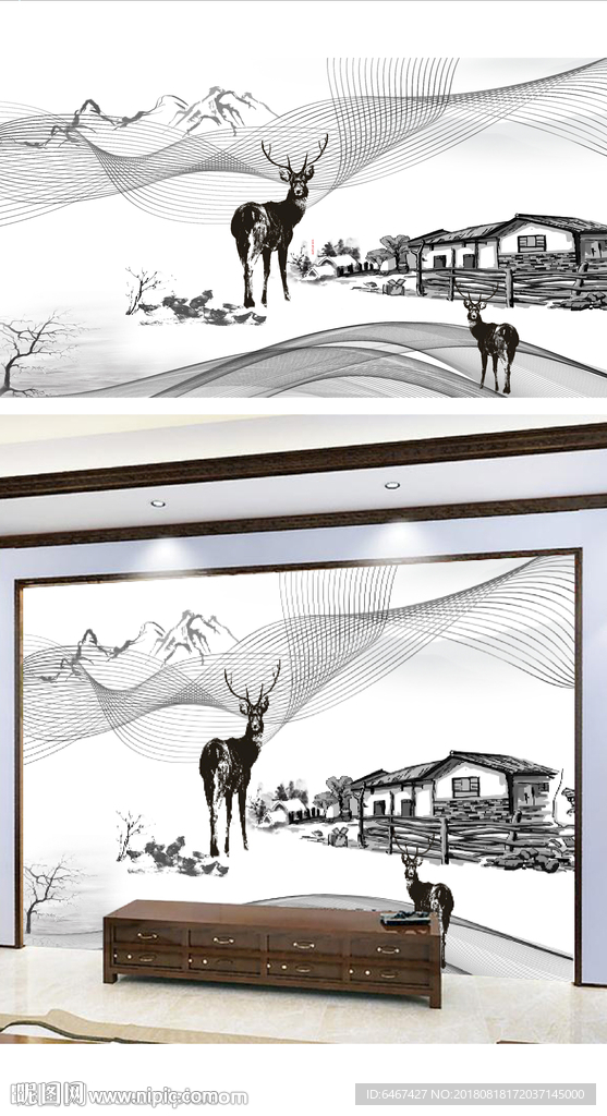抽象水墨麋鹿山水艺术背景墙装饰
