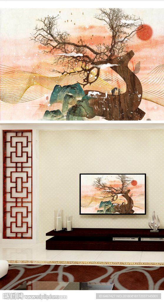 水墨山水大理石麋鹿电视背景墙